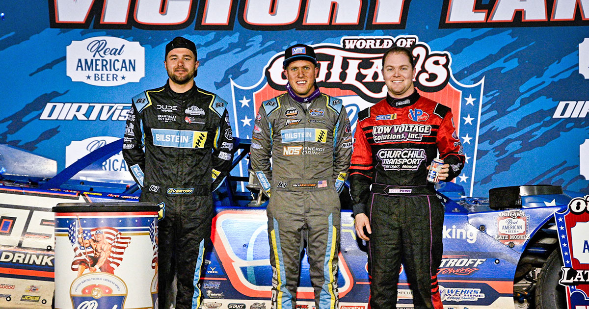 Nick Hoffman, Bobby Pierce and Brandon Overton stood on the podium Saturday night at Mississippi Thunder (Emily Schwanke Photo)